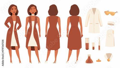 Illustration showing a woman in different views with lab coat and scientific equipment on white background
