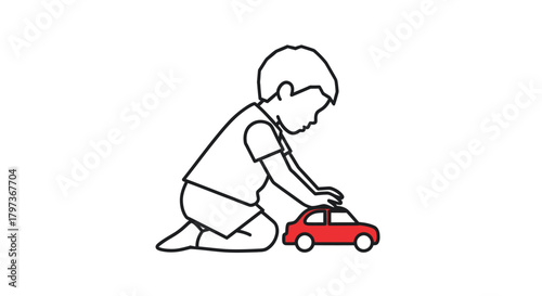Child playing with a red toy car on the floor focused on the toy.
