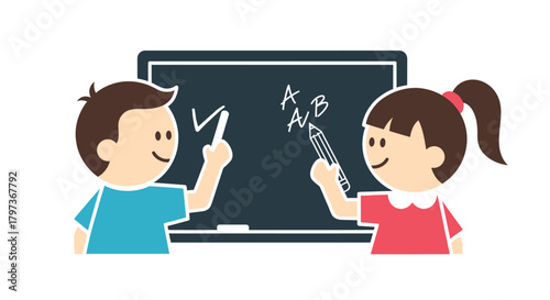 Two cheerful children learning to write letters on a blackboard.