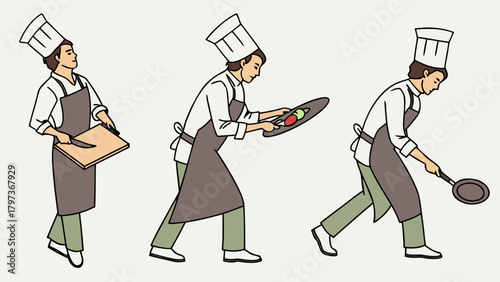 Illustration showing a chef preparing food with a cutting board plate and pan in three different poses