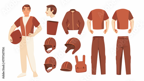 Illustration of a man with separate clothing items including helmets jackets and pants displayed around him