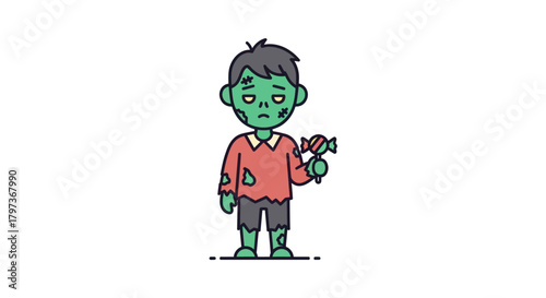 A cartoon illustration of a sad-looking zombie boy with green skin and tattered clothes.