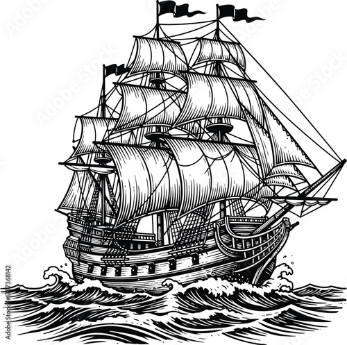 Vintage sailing ship illustration antique tall ship drawing old vessel art eps silhouette
