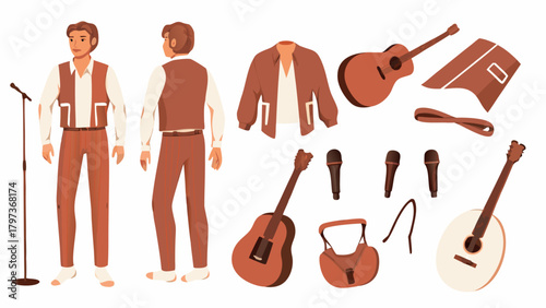 Illustration showing a singer with a microphone, guitars, jacket and other musical equipment items set up