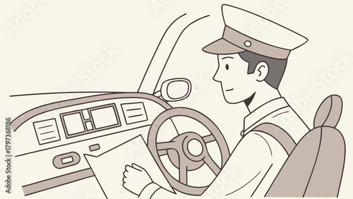 Illustration of a man in uniform driving a car while looking at a map on a light beige background