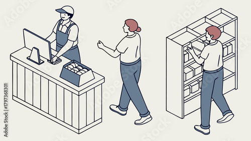 Isometric illustration depicting a store with a cashier, customer, and shelves with products
