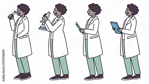 Illustration of a scientist with different poses holding a test tube microscope pen and clipboard in lab coat