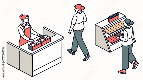 Isometric view of a bakery with a cashier, customer walking, and another selecting pastries from a display