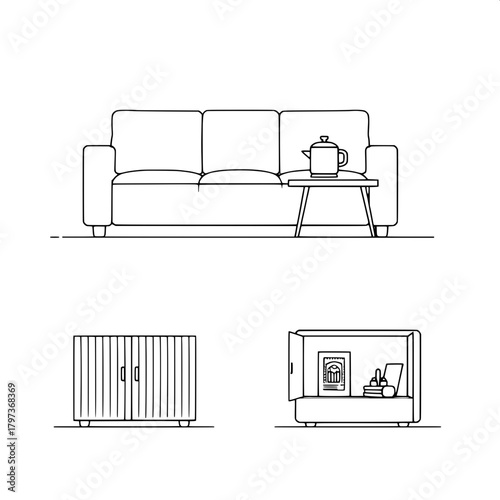 “Render a minimalist modular furniture graphic with four separate objects—sofa, side table with cooker and mug, line-patterned cabinet, and open box with décor. Use heavy black outlines, white interio