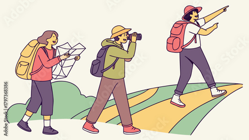 Three hikers with backpacks exploring outdoors one with map one with camera and one pointing ahead
