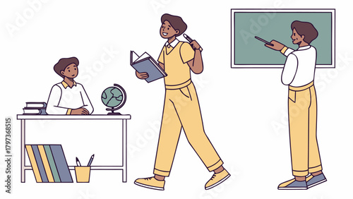 Illustration of classroom scene with teacher teaching and student at desk with globe and books