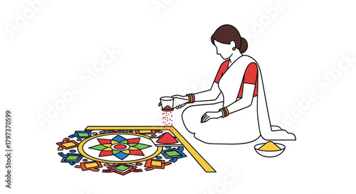 Woman Creating a Colorful Rangoli Design for Diwali Celebration.