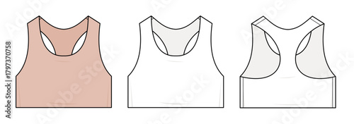 Seamless Underlayer Crop Top Technical Fashion Illustration. Smooth Racerback Tank Vector Template. Front, and Back view . No-Show Bra-Line Coverage. Stretch Knit Base Layer Activewear CAD Mockup.
