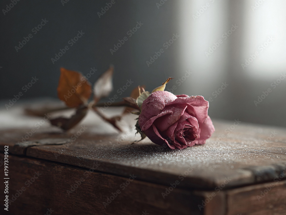 Fototapeta premium Elegant rose, subtly dusted, resting on aged wood. Evokes fragility, remembrance, or quiet beauty. Ideal for romantic, nostalgic, or memorial designs.