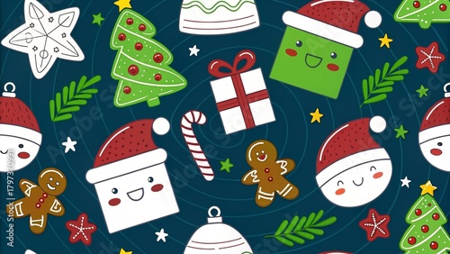 Whimsical Flat Design Christmas Elements Seamless Pattern Background.