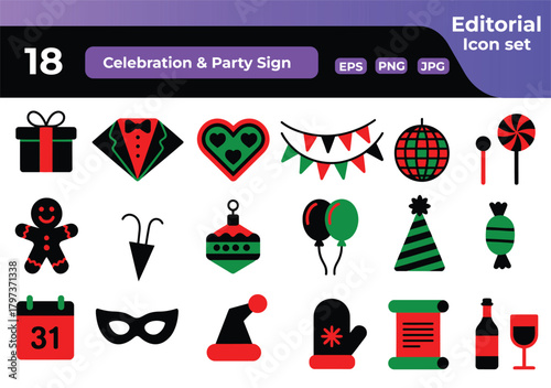 Festive Celebration and Party Icons in Green and Red for Holiday Events Vector Illustration Set Featuring Gift Box Tuxedo Heart Garland Disco Ball Lollipops and Other Fun Elements