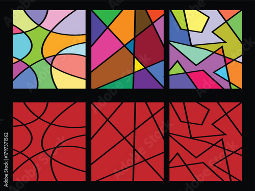 Modern mosaic window design, Colorful geometric abstract set, Stained glass art pattern