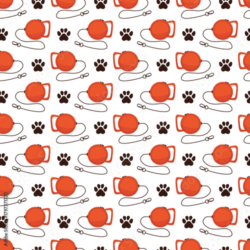 Dog walk seamless pattern with retractable leash, black paw prints for textiles and wrapping