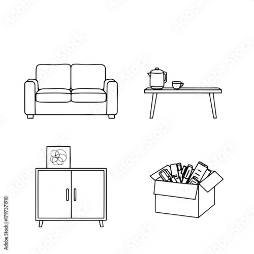 “Design a simple, shadow-free illustration showing four distinct interior items arranged in a grid: a cushioned two-seater sofa, a side table with a rice cooker and coffee cup, a veneer cabinet with a