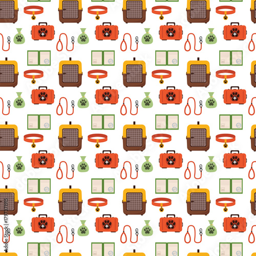 Pet travel essentials seamless pattern with carriers, first aid kits, collars, leashes, passports, paw prints