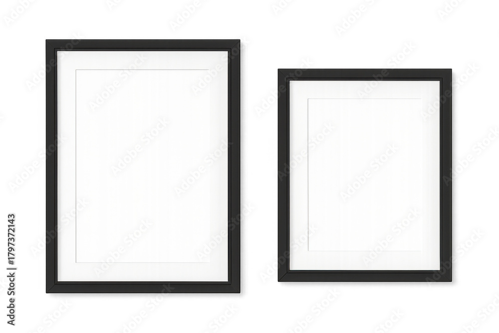 Obraz premium Two empty black rectangular frames with blank white borders, presenting a customizable mockup on a transparent background