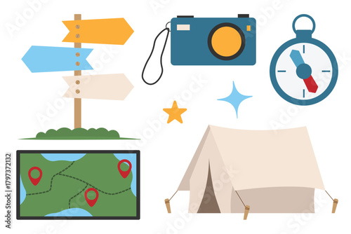 Camping navigation set. Tent compass signposts map and camera for route guides, tourist centers