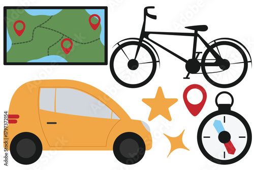 Active transport mix with bicycle car map and compass for bike routes rentals and city guides
