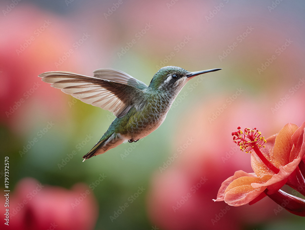 Obraz premium Vibrant image of a hummingbird in flight, approaching a flower. Represents agility, nature, beauty, and delicate balance. Great for ecology, wildlife, and inspirational themes.