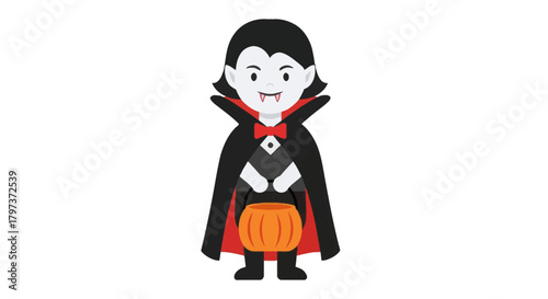 Cute cartoon vampire character holding a Halloween pumpkin candy bucket.