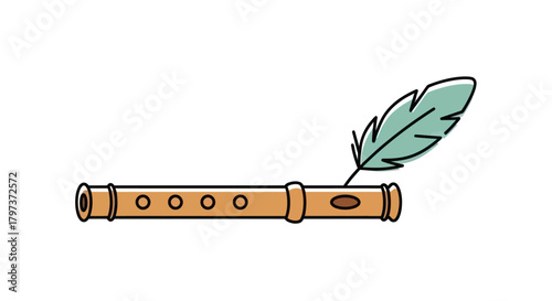 Cartoon Wooden Flute with Green Feather Pen Illustration.