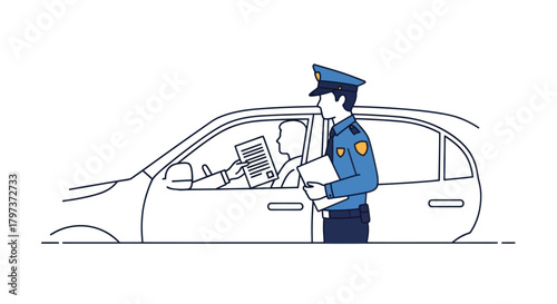 Police Officer Inspecting Drivers Documents at a Traffic Stop.