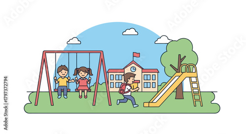 Children Playing on Swings and Running Towards School.