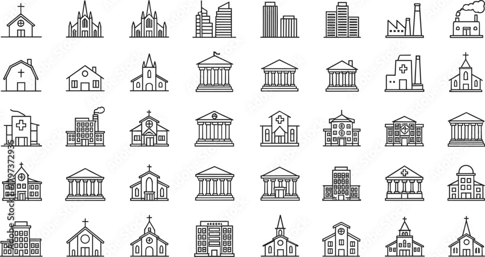 Obraz premium Comprehensive vector line icon set illustrating various types of buildings, including churches, city skyscrapers, hospitals, industrial factories, and government structures.