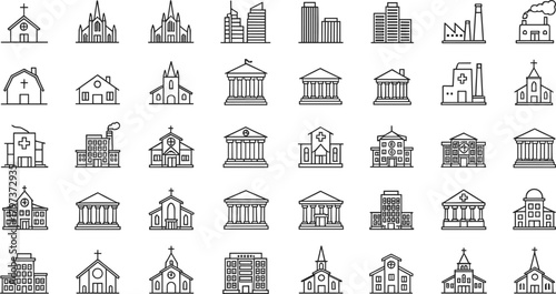 Comprehensive vector line icon set illustrating various types of buildings, including churches, city skyscrapers, hospitals, industrial factories, and government structures.