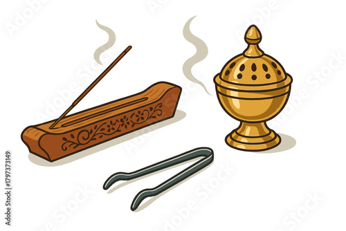 Aromatic incense stick burner, decorative golden censer, and metal tongs set