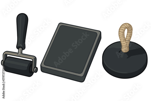 Essential tools for traditional printmaking processes: rubber brayer, ink slab, and circular weight