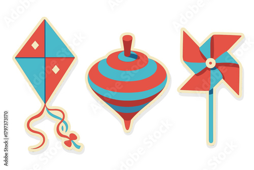 Retro set of traditional childhood toys including a diamond kite, striped spinning top, and pinwheel