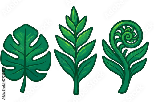 Stylized vibrant green tropical foliage set featuring monstera leaf and coiled fern frond