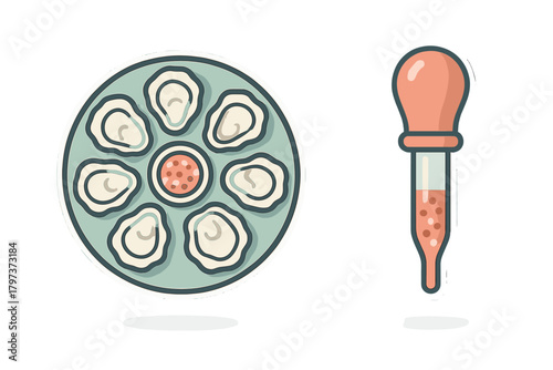 Fresh oysters on a platter with sauce next to a laboratory dropper tool