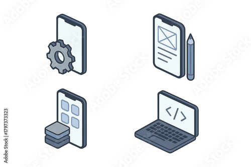 Isometric icons for mobile application development, user experience design, settings, and software coding