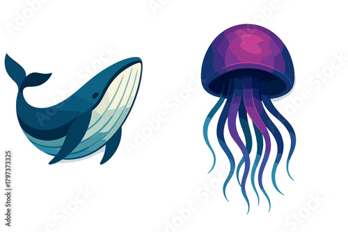Blue whale and purple jellyfish swimming together in a vibrant marine animal set