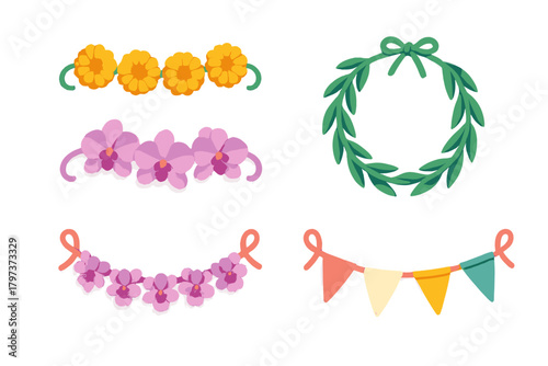 Decorative set of floral borders, tropical orchid garland, green laurel wreath, and colorful party flags