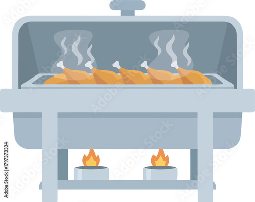 Illustration of a chafing dish filled with cooked chicken drumsticks, steaming.
