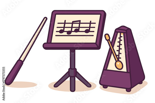 Conductor baton, music stand, sheet music notes, and metronome for musical practice