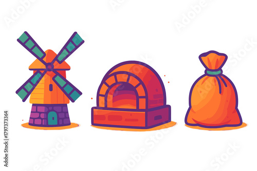 Stylized baking and milling icons including windmill, brick oven, and flour sack