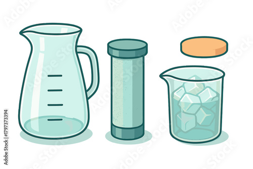 Glassware set featuring a measured pitcher, a cylindrical storage container, and a beaker with ice