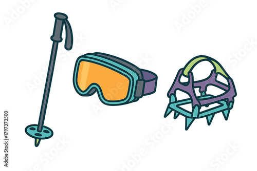 Colorful set of mountaineering and skiing equipment including a pole, goggles, and crampons for winter adventure