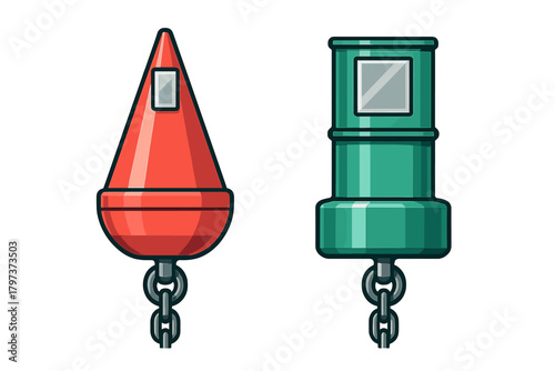 Red conical and green cylindrical marine navigation buoys anchored by chains