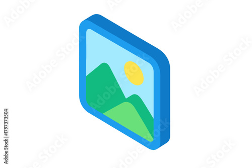 Three dimensional picture frame icon showing a stylized landscape with green hills and bright yellow sun