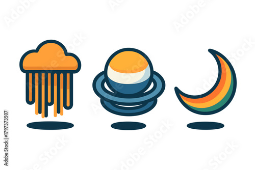 Abstract weather and space icons featuring a raining cloud, ringed planet, and colorful crescent moon